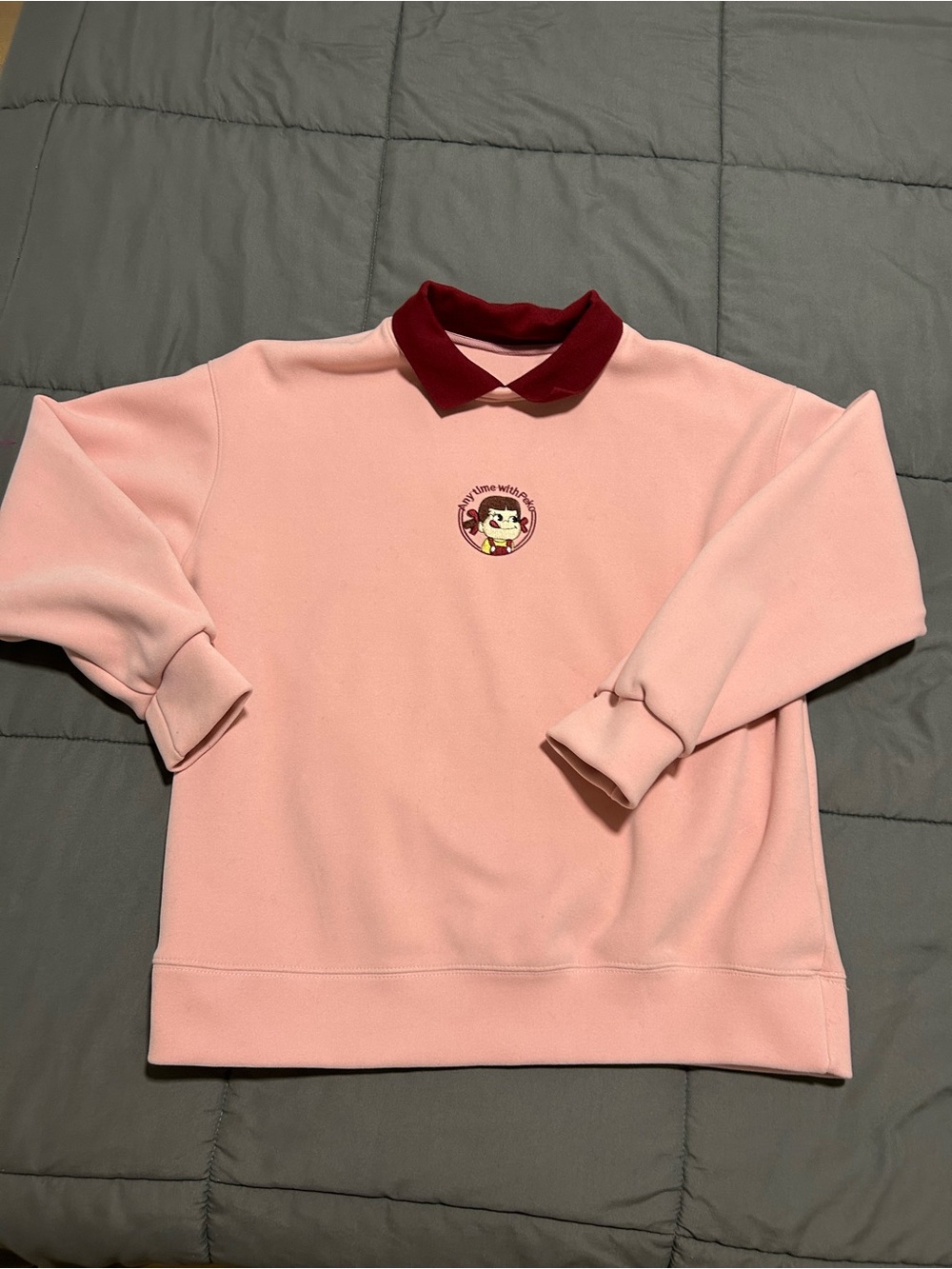 Peko-Chan Pink Collared Crewneck Sweatshirt with Contrast Collar. Sz Med